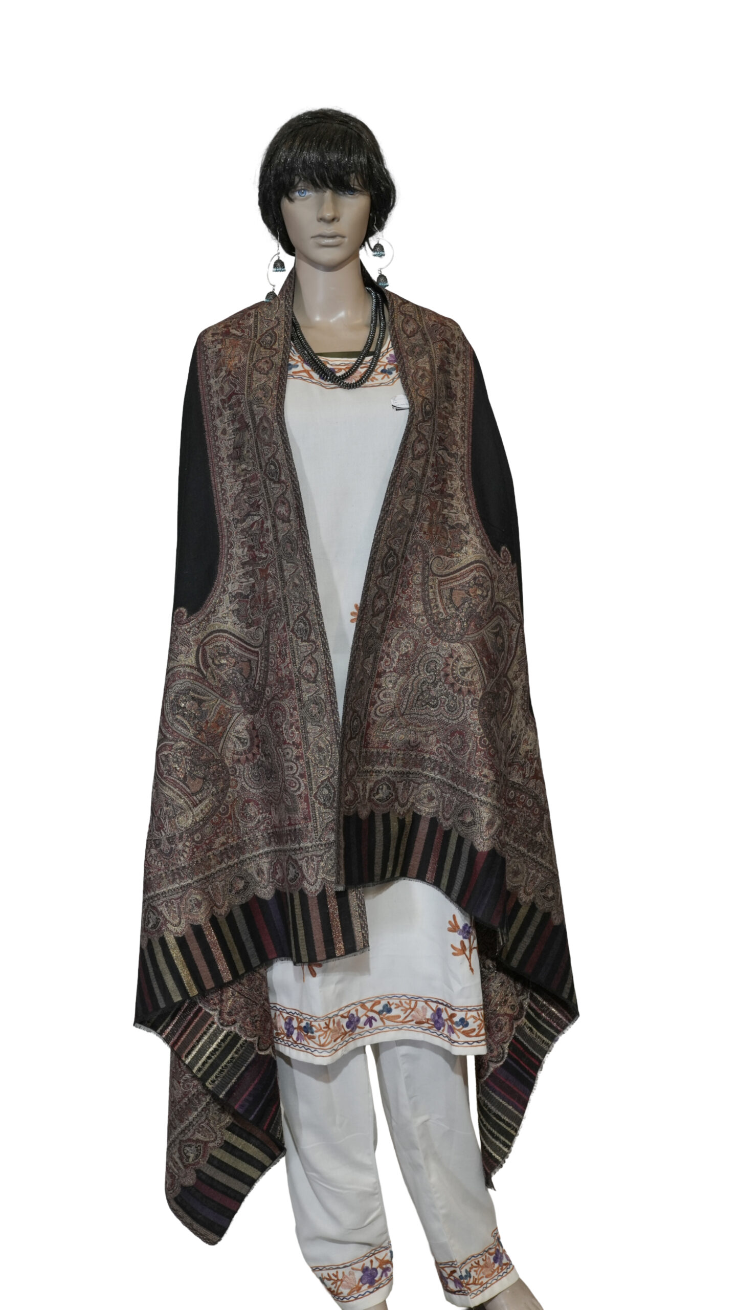 Premium Pashmina Shawl with Needlework & Paper Mache Border – Hand Tila Work Detailing