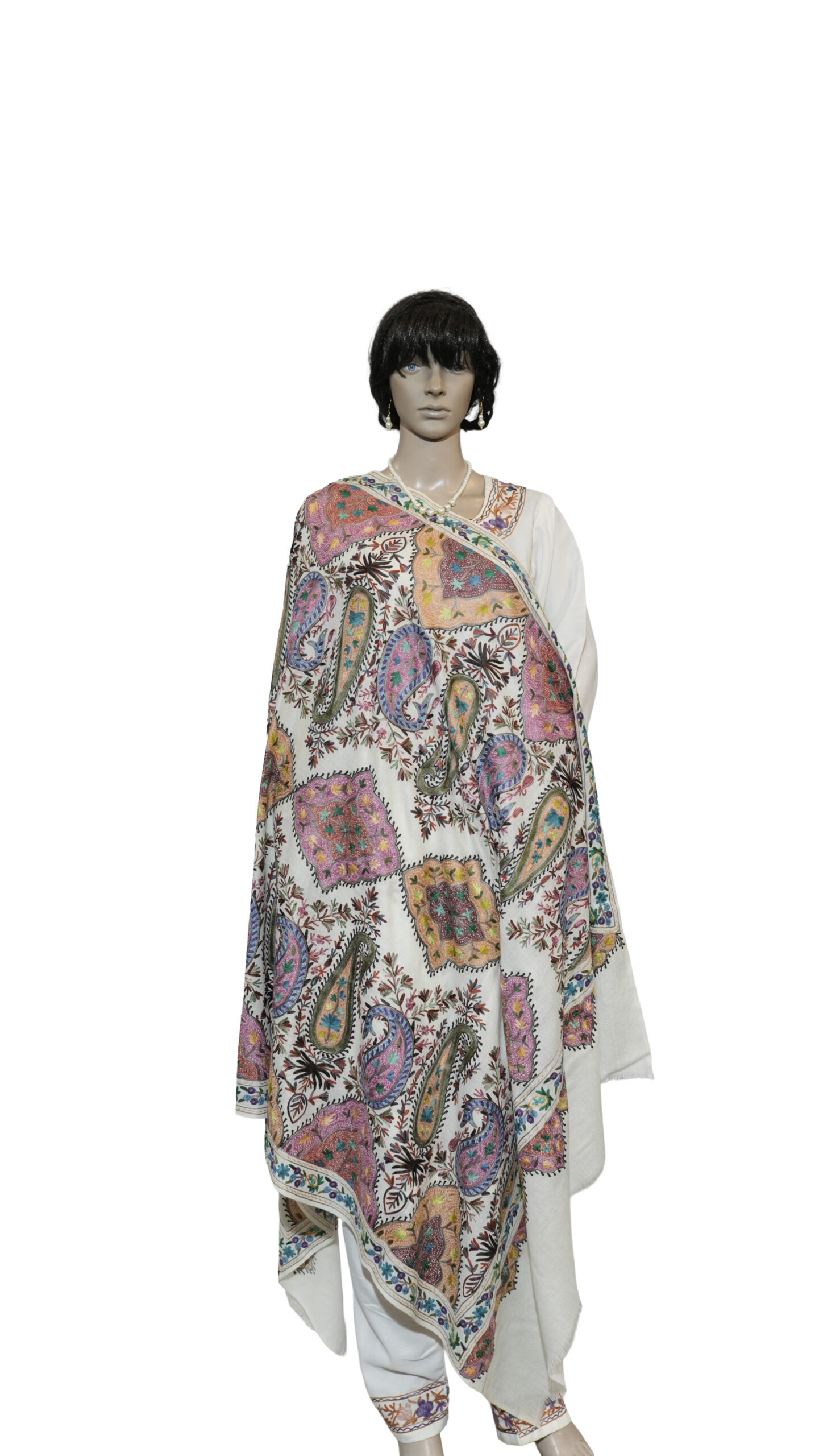 Pashmina Fine Ariwork Jamawar Shawl – Ivory Base with Multicolor Detailing