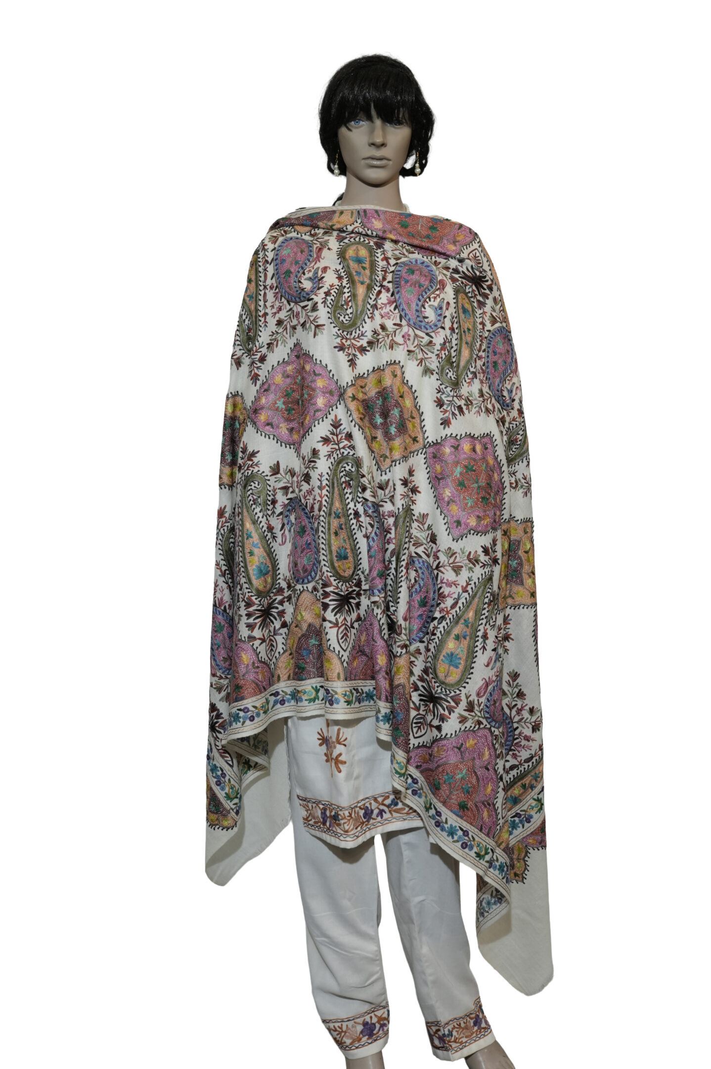 Pashmina Fine Ariwork Jamawar Shawl – Ivory Base with Multicolor Detailing