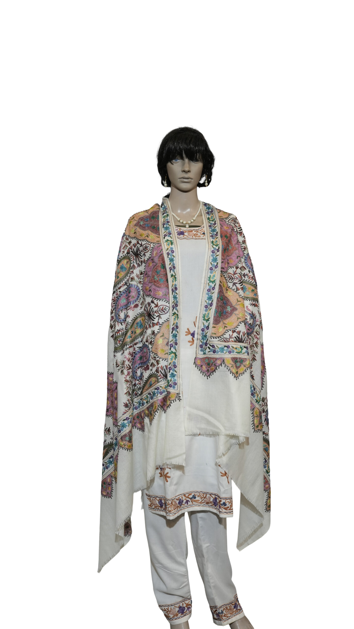 Pashmina Fine Ariwork Jamawar Shawl – Ivory Base with Multicolor Detailing