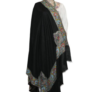 Premium Black Pashmina Shawl with Needlework & Paper Mache Border – Hand Tila Work Detailing