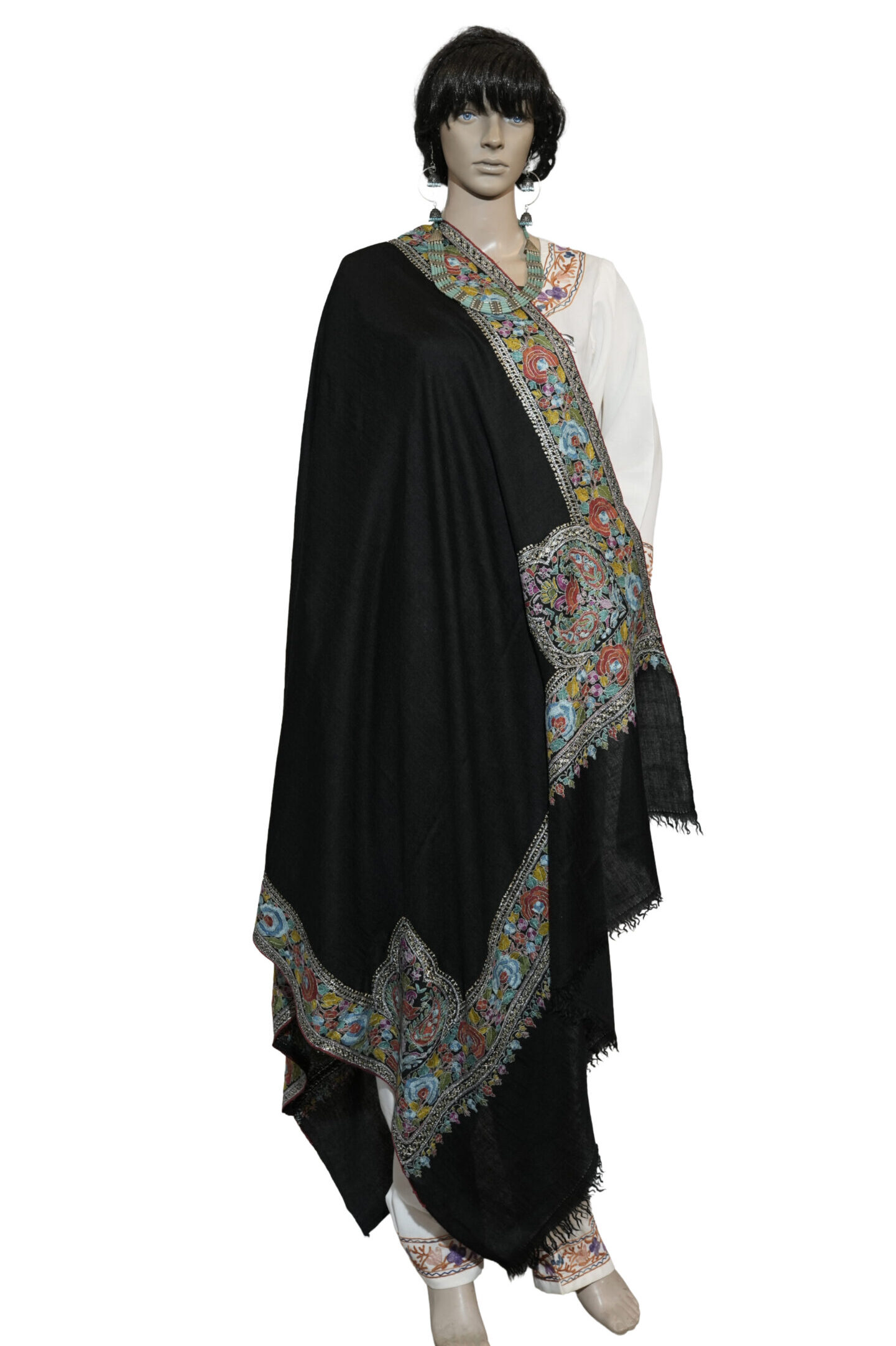 Premium Black Pashmina Shawl with Needlework & Paper Mache Border – Hand Tila Work Detailing