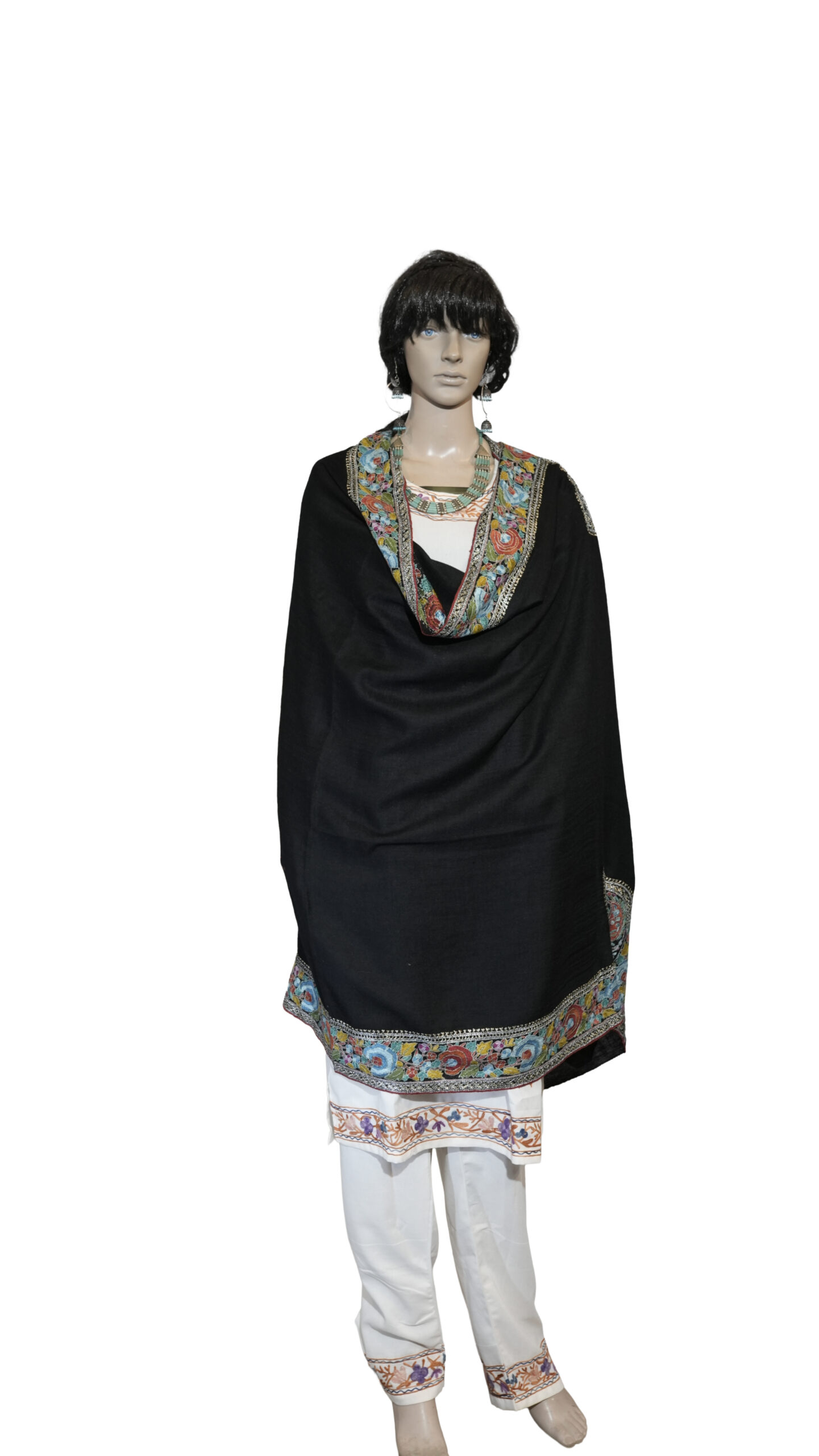 Premium Black Pashmina Shawl with Needlework & Paper Mache Border – Hand Tila Work Detailing