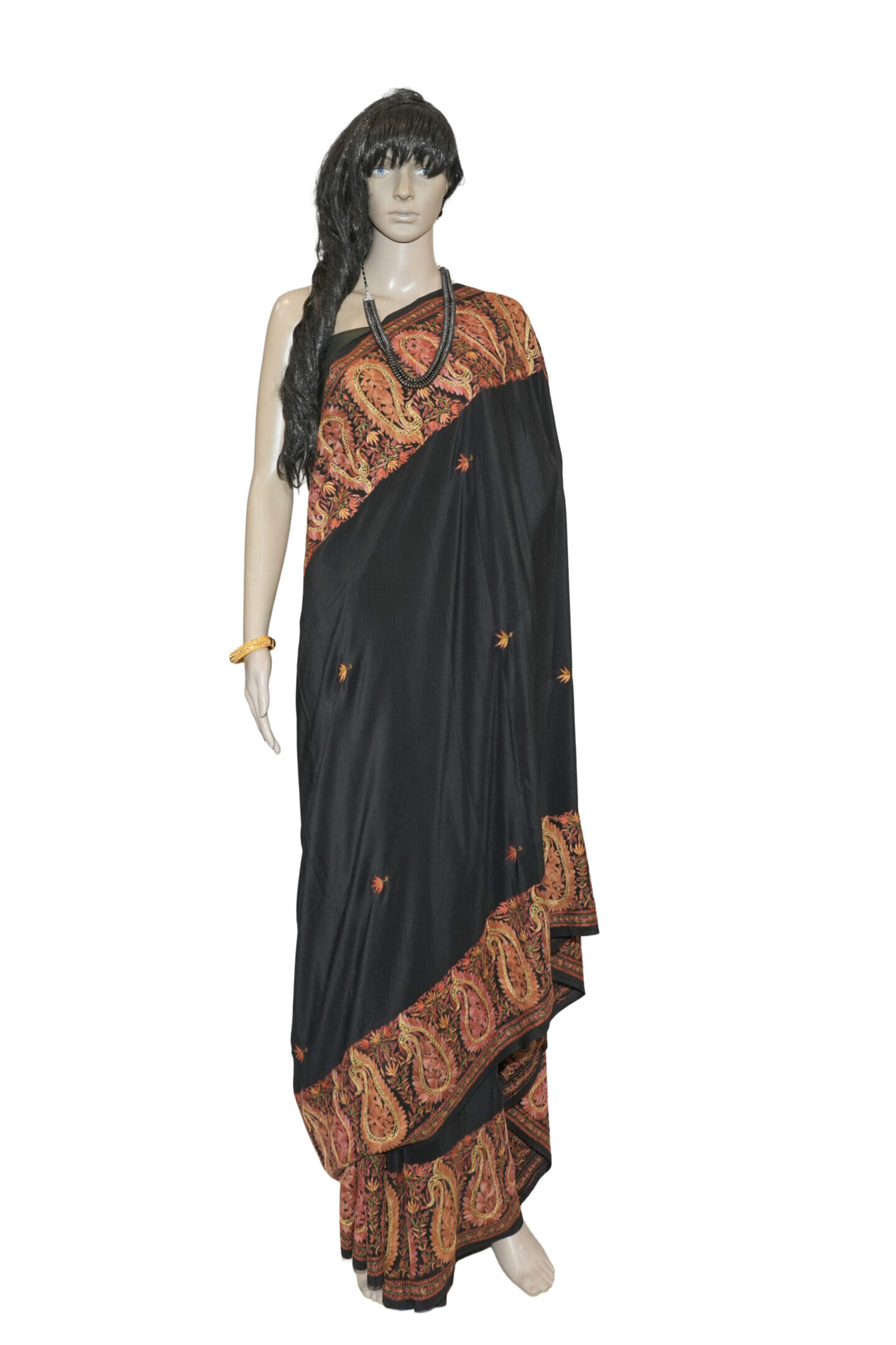 Elegant Black Crepe Silk Saree – Hand Needle Work with Kashmiri Motifs