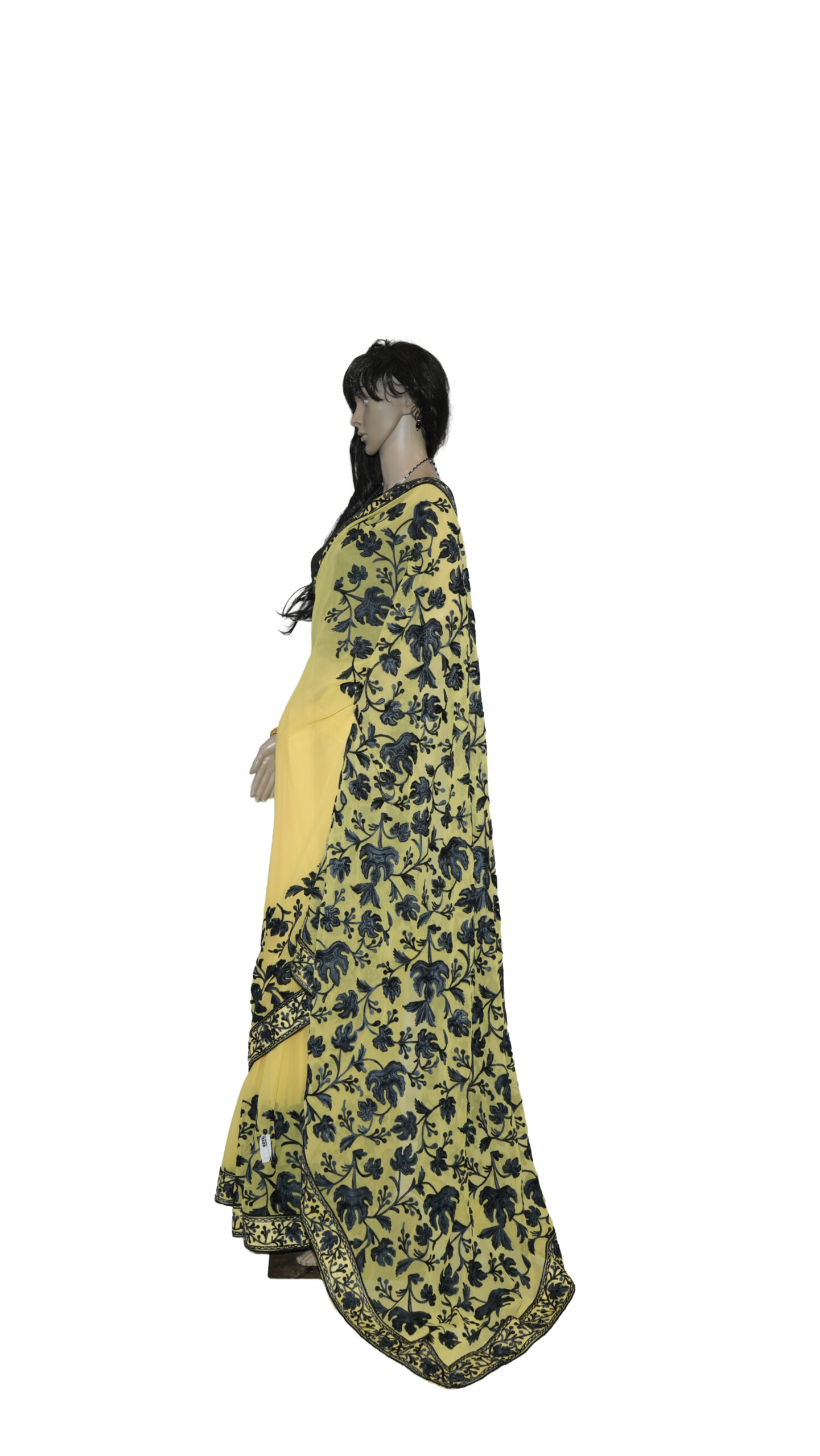 Yellow georgette Saree – Ari Embroidery with Black Floral Detailing